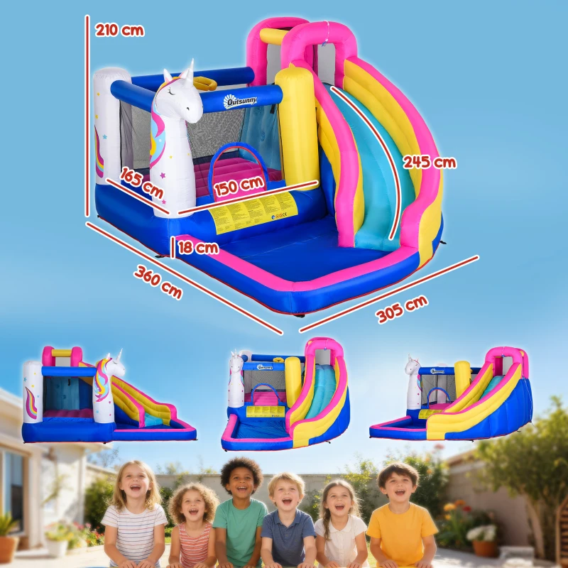 Outsunny Castillo Inflable Infantil en Forma de Unicornio con Tobogán Piscina Cama de Salto Inflador 360x305x210 cm Multicolor