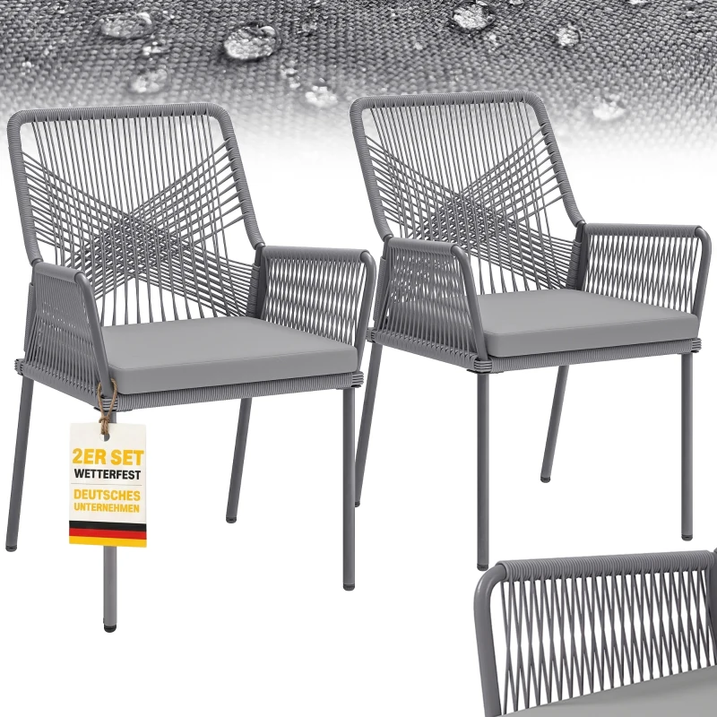 Outsunny Set van 2 tuinstoelen, terrasstoelen, wasbare kussens, rugleuning, armleuningen, staal, rattan, Donkergrijs