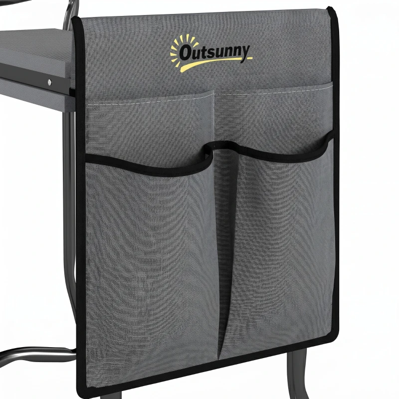 Outsunny Tabouret de Jardin Pliable 2 en 1, Coussin en Mousse EVA et 4 Poches à Outils Amovible, Charge 150kg, 58x28x49cm, Gris