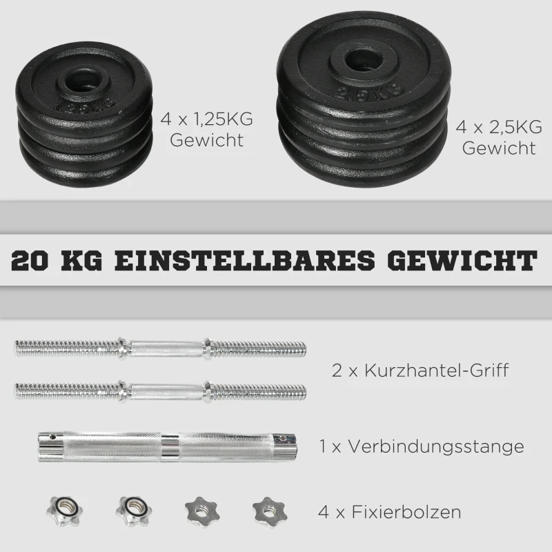 HOMCOM halter, halter, 2-in-1, 20 kg, 8 halterschijven, roestvrij, ijzer, zwart, 95 x 16 x 16 x 16 cm