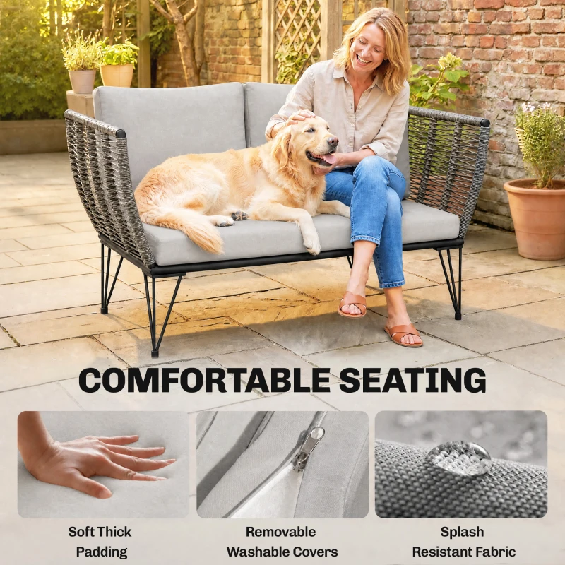 Outsunny Gartensofa mit Kissen 2-Sitzer Sofa Outdoor Balkon Sofa Rattansofa Polyrattan Gartenmöbel 123 x 67 x 72 cm Hellgrau