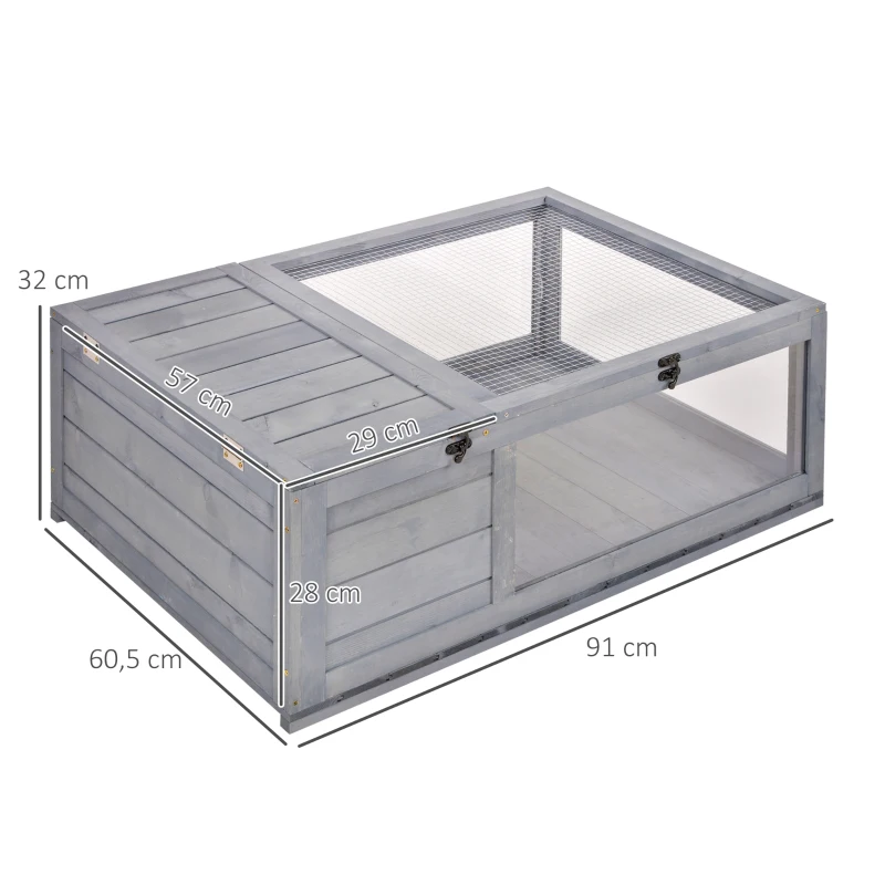 PawHut Casa per Tartarughe di Terra in Legno di Abete con Pannello Apribile e 2 Spazi Separati, Grigio