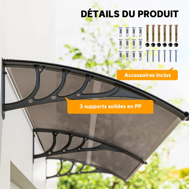 Outsunny Auvent de porte d'entrée, toit marquise de porte exterieur en polycarbonate et profil aluminium résistante toit abri protection contre la pluie et UV pour terrasse, balcon, 195x75cm, marron