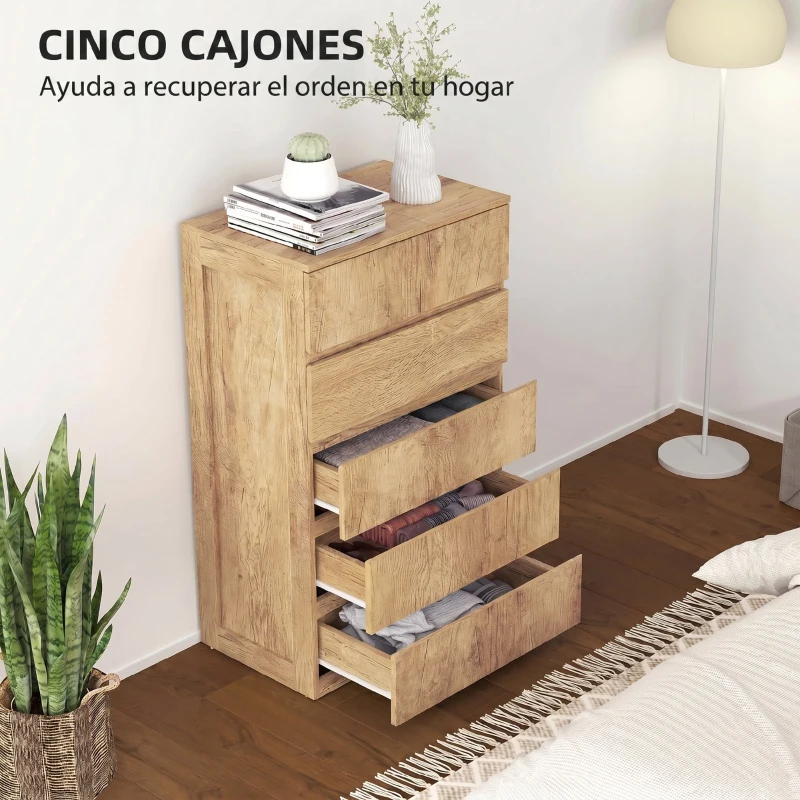 HOMCOM Cómoda 5 Cajones para Dormitorio Moderna Diseño sin Tiradores para Comedor Entrada 60x39x100 cm Madera Natural
