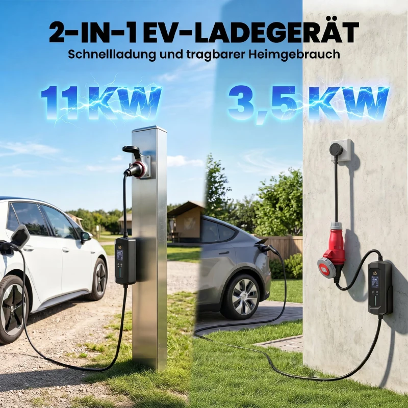 HOMCOM Mobiele Wallbox 11kW 8m Type 2 6–16 A 3-fase laadkabel CEE 16A naar Type 2 met instelbaar laadvermogen starttijdvoorinstelling