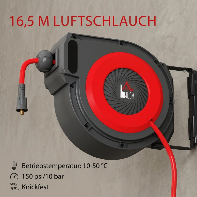 HOMCOM Slanghaspel met terugtrekmechanisme, 16,5 m lange slang, wandmontage, Rood+Zwart