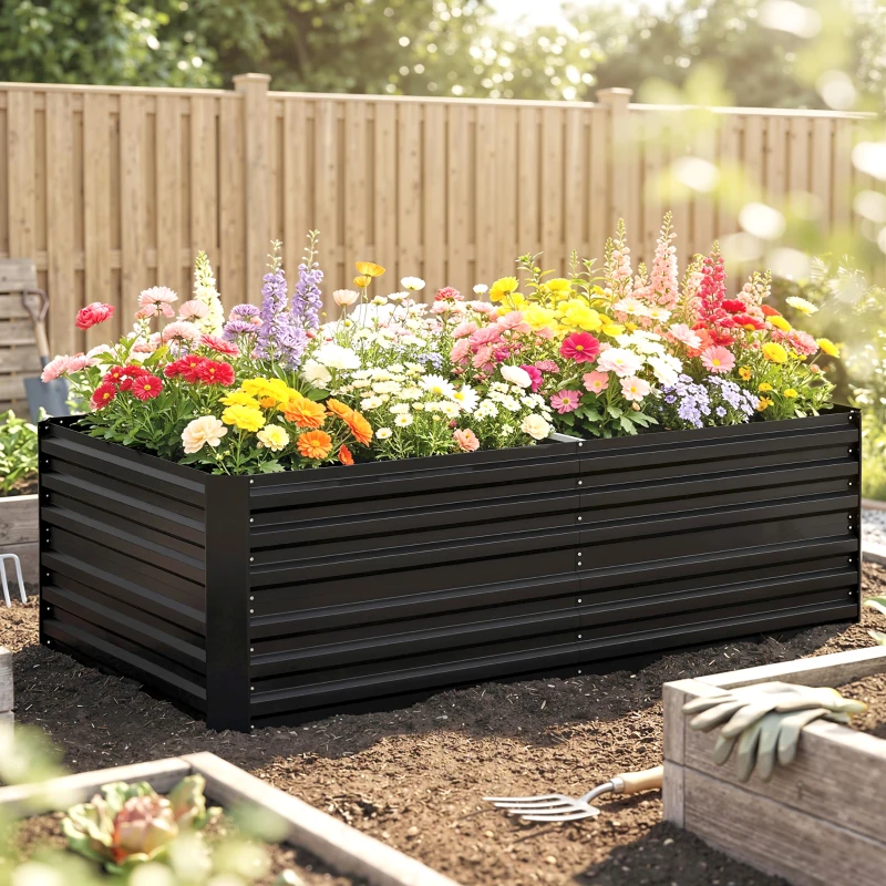Outsunny Raised Beds for Garden, Galvanised Steel Outdoor Planters with Multi-reinforced Rods, 180 x 90 x 59 cm, Black