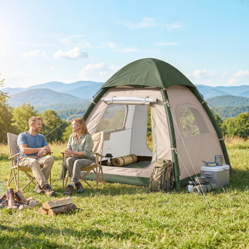 Outsunny Inflatable Camping Tent with Rainfly, 3 Man Air Tent 3000mm Waterproof Blow Up Tents, Beige
