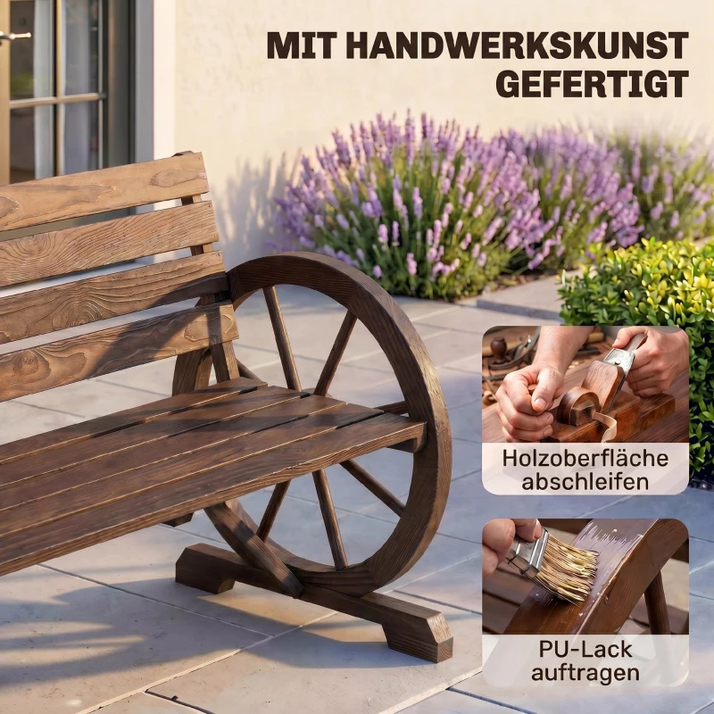 Outsunny tuinbank, ontwerp met wagenwiel, voor 2 personen, natuurlijk hout, donkerbruin, 105,5 x 56 x 79 cm(m-5)