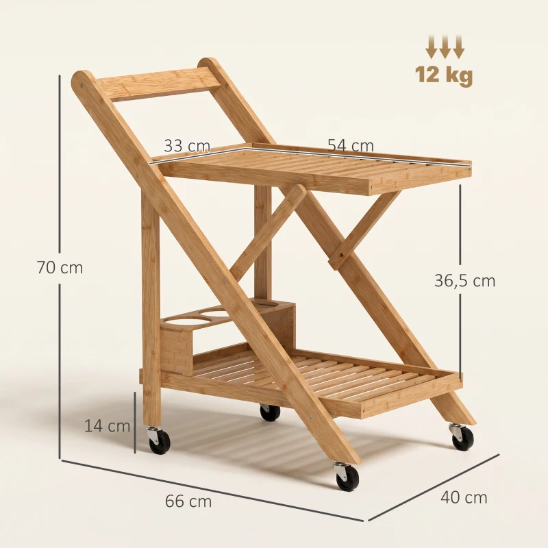 HOMCOM Keukentrolley op Wielen, Serveerwagen met 3 Wijnrekken, 2 Plateaus, voor Keuken, Eetkamer, Bamboehout, Lichtbruin