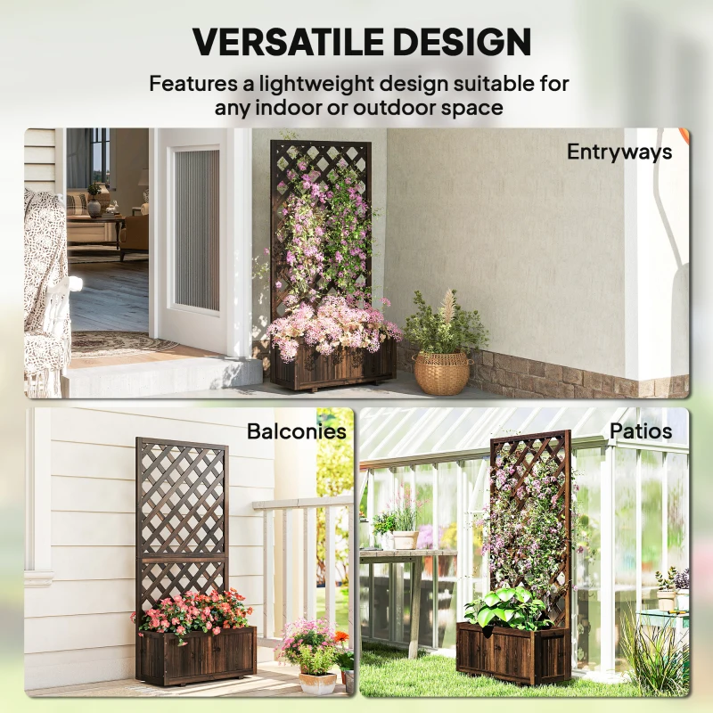 Outsunny Garden Planter with Trellis, 45L Raised Bed for Climbing Plants, Vines, Flowers, Outdoor Planter Box for Patio, 72.5 x 31.5 x 149.5 cm, Carbonised Finish