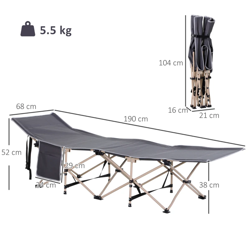 Outsunny Veldbed, Opvouwbaar Campingbed, Weerbestendig, Incl. Draagtas, 190 x 68 x 52 cm, Grijs