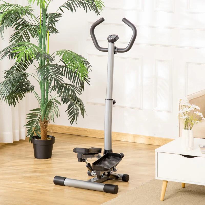 HOMCOM stepper met handvat fitness hometrainer voor thuis, klein fitnessapparaat voor been- en bodemtraining met LCD-scherm, instelbare snelheid Metaal ABS Zwart + Zilver 55 x 53 x 118-128 cm(m-2)