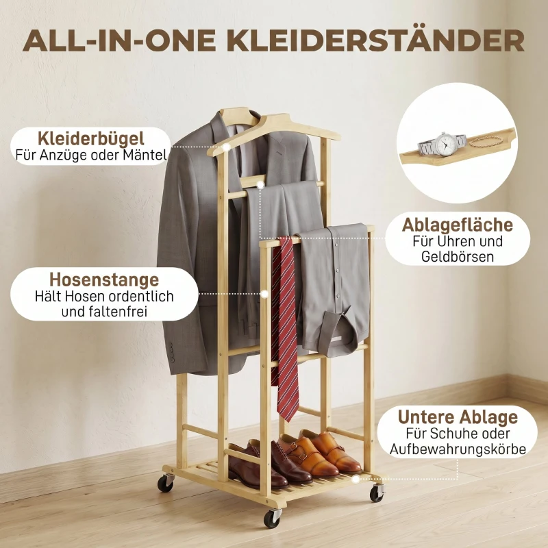 HOMCOM Bambus-Kleiderständer auf Rollen, kompakt, mit Bügeln, Hängestangen, Ablage und unterem Regal, Eichenoptik