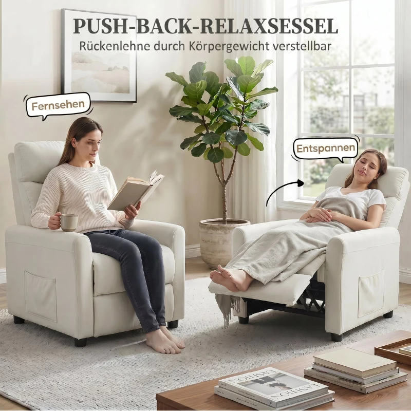 HOMCOM Relaxsessel Fernsehessel mit Liegefunktion, TV Sessel mit Taschenfedern, Fußstütze, Stoff in Leinenoptik, Cremeweiß