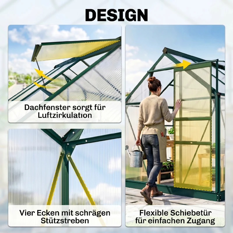 Outsunny kas met polycarbonaat behuizing en dakklep, 190x 252 x 201 cm(m-4)