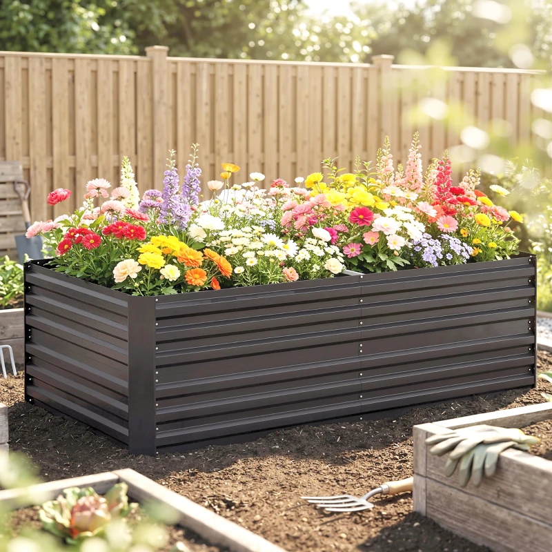 Outsunny Raised Beds for Garden, Galvanised Steel Outdoor Planters with Multi-reinforced Rods, 180 x 90 x 59 cm, Dark Grey