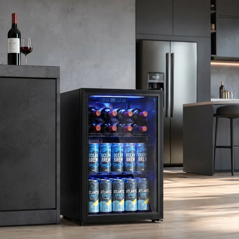 HOMCOM 70L Drinks Fridge, 70 Can Under Counter Freestanding Beer Fridge with LED Light