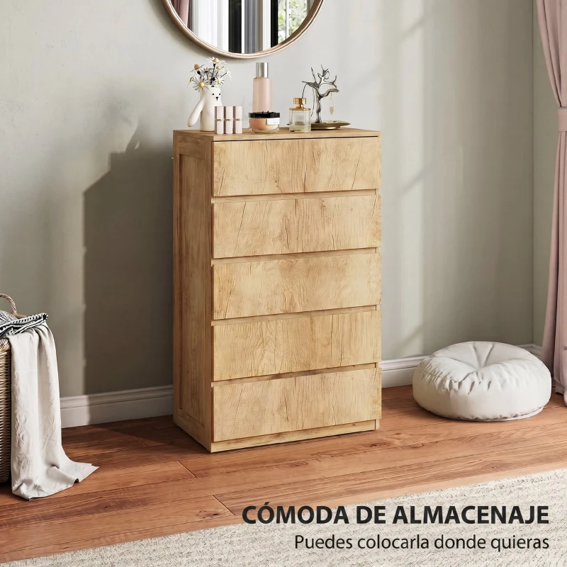 HOMCOM Cómoda 5 Cajones para Dormitorio Moderna Diseño sin Tiradores para Comedor Entrada 60x39x100 cm Madera Natural