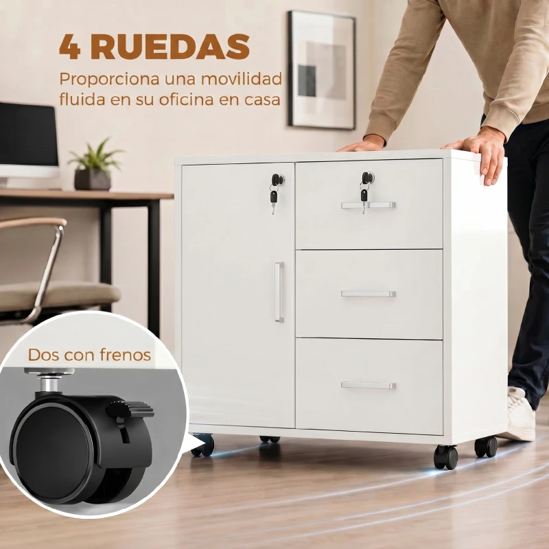 HOMCOM Mueble para Impresora con Ruedas Mesa para Impresora con Puerta y 3 Cajones Cerraduras Estante Ajustable Blanco
