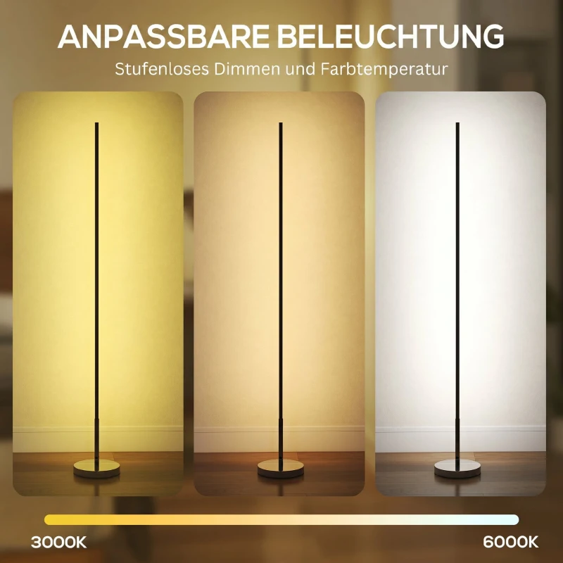 HOMCOM LED Staande Lamp met Instelbare Kleurtemperatuur voor Woonkamer, Slaapkamer, Kantoor, 20 x 20 x 150 cm