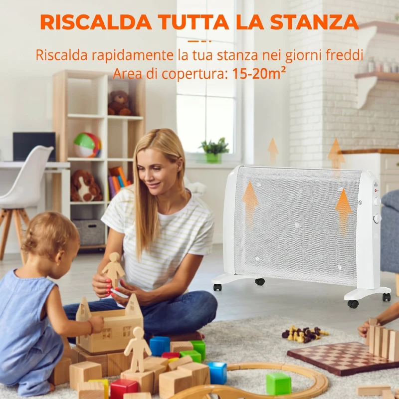 HOMCOM Riscaldatore Elettrica a Mica 1000W/2000W con Termostato Regolabile, 4 Ruote, 15-20 m², Bianco