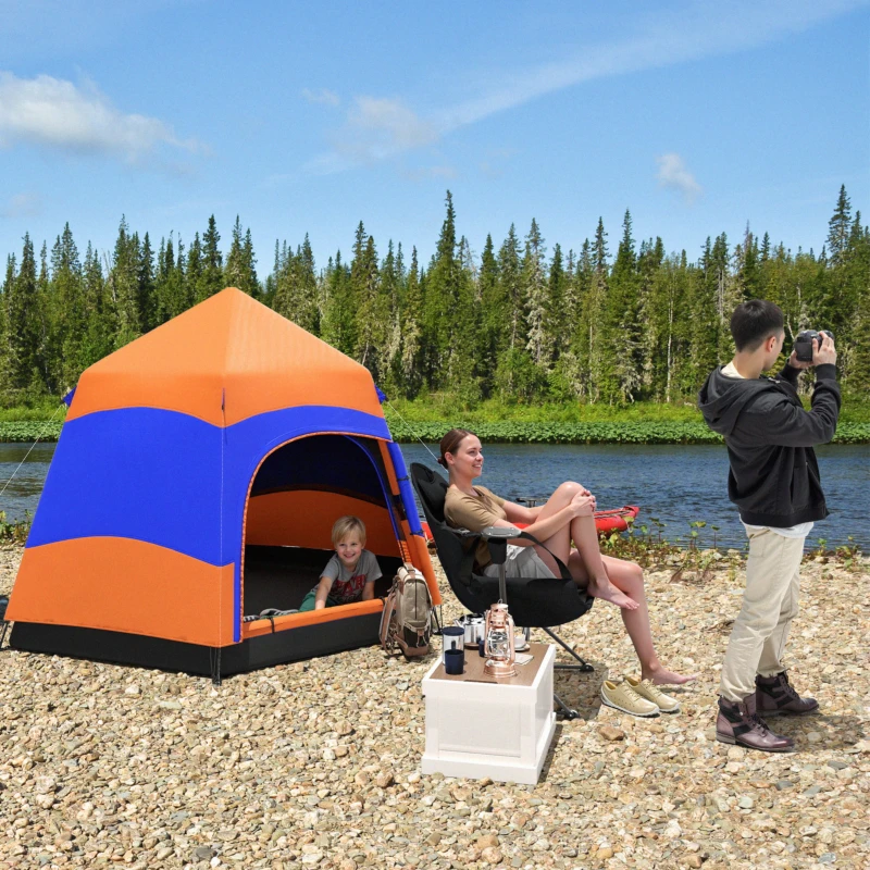Outsunny Doppellagiges Instant-Pop-Up-Zelt mit Regenschutz, Outdoor Familienzelt für 4 Personen wasserdicht sechseckig 4 Jahreszeiten Kuppelzelt mit Bodenplane 2 Türen Moskitonetz Tragetasche Orange