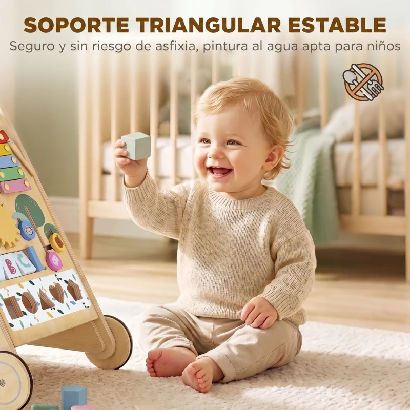 AIYAPLAY Andador de Madera para Bebé Caminador con Juguetes Montessori Control de Velocidad 5 Bloques Ruedas Natural
