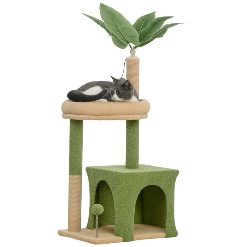 PawHut Kratzbaum 98 cm hoch Katzenbaum mit Höhle, Katzenbett Blätter-Design, Jutestämme, 2 Spielbälle für Katzen unter 5 kg