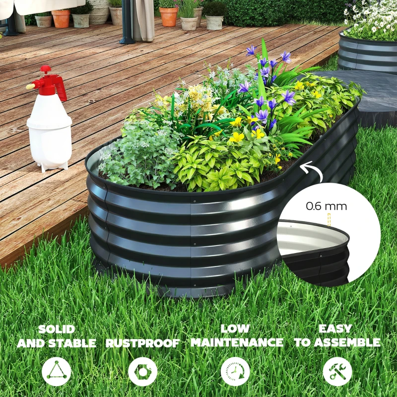 Outsunny Set of Two 150 x 60cm Steel Planters - Dark Grey