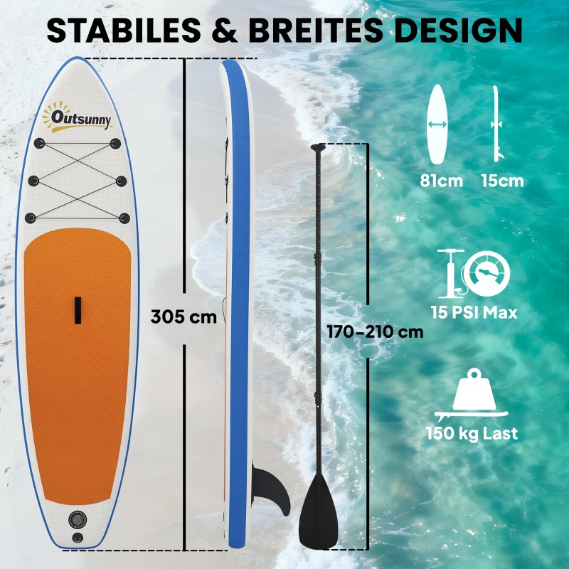 Outsunny Stand Up Paddling Board Set Opblaasbaar 305cm SUP Board met Aluminium Peddel en Afneembare Vin