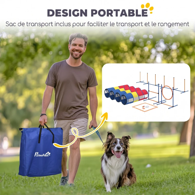 PawHut Agility-Ausrüstung für Hunde 12-teilig, 4 Tunnel, verstellbare Sprünge, Ring, Slalom, 357x65x68cm, mehrfarbig