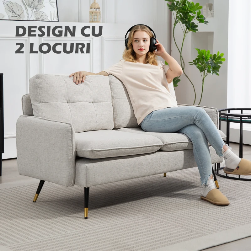 HOMCOM Divano 2 Posti in Tessuto Effetto Lino con Gambe in Acciaio e Cuscini Imbottiti, 139x68x80 cm, Bianco Crema