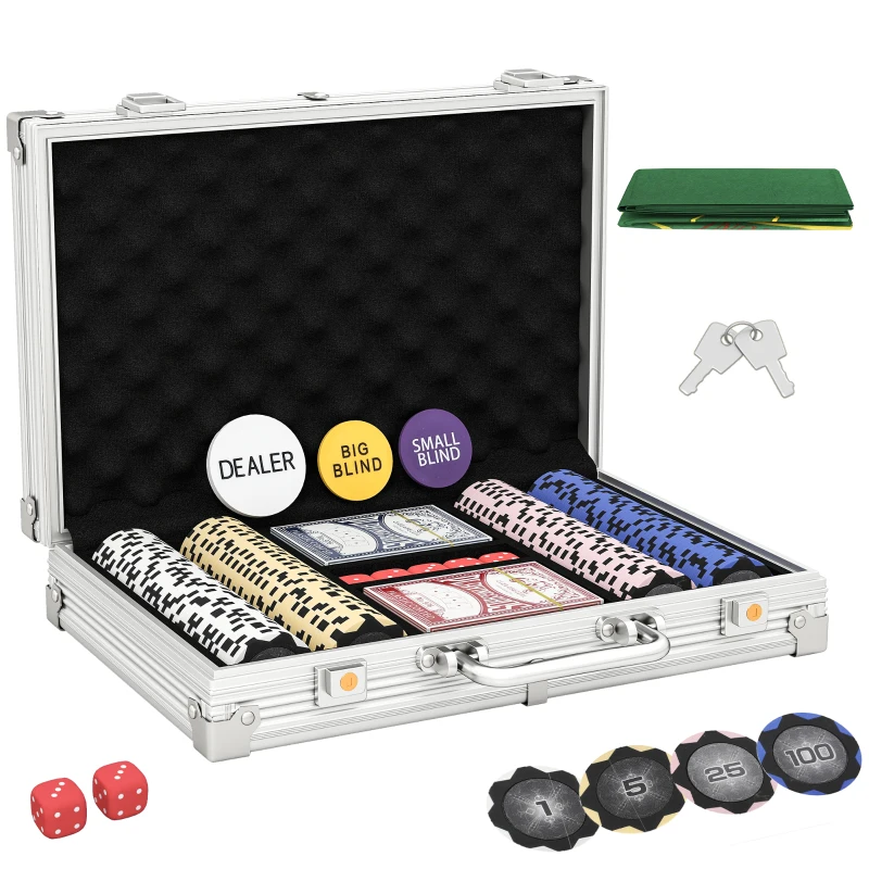 SPORTNOW Pokerchips-set in koffer, met dobbelstenen, dealerbutton, 2 kaartspellen, zilverkleurig