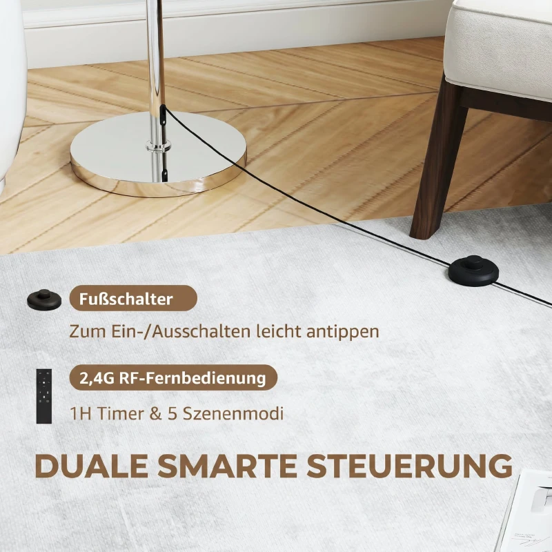 HOMCOM Staande Lamp met Afstandsbediening, Hoogte Verstelbaar, Stoffen Kap, Metalen Standaard, Aanpasbare Helderheid, Voetschakelaar, Beige