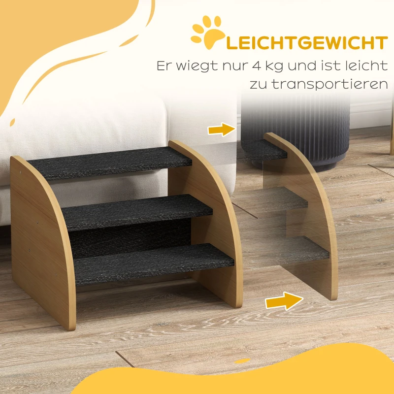 PawHut Huisdierentrap Hondentrap, 3 treden, kleine hond, 38,5 cm x 38,5 cm x 30 cm, Eikenhout + Zwart