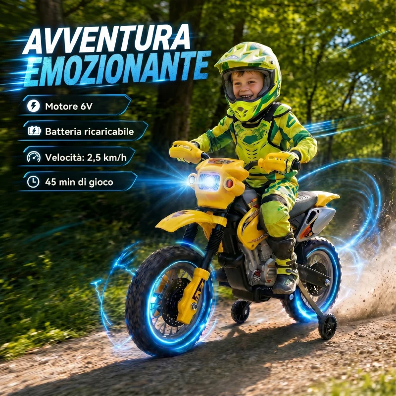 HOMCOM Moto Elettrica per Bambini 3 anni e Più, Moto Cross Elettrica con Rotelle, Batteria 6V Velocità 2.5km/h, 102 x 58 x 66cm, Giallo