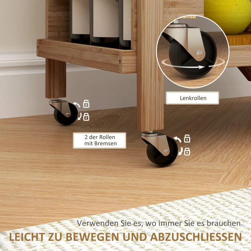 HOMCOM Keukentrolley op Wielen, Serveerwagen met 3 Wijnrekken, 2 Plateaus, voor Keuken, Eetkamer, Bamboehout, Lichtbruin