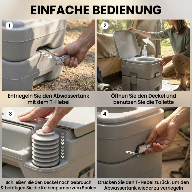 HOMCOM Campingtoilet, 20 L Mobiel WC, Campingtoilet met spoel- en afvoertank, 35,5 x 41 x 42,5 cm, plastic, grijs