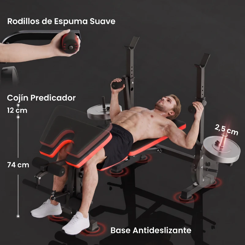 HOMCOM Banco de Musculación Multifuncional, Banco de Pesas con Respaldo Ajustable, Soporte para Barras Regulable, Extensión de Piernas, Curl de Predicador, Mariposa, Entrenamiento Casa Gimnasio, Rojo