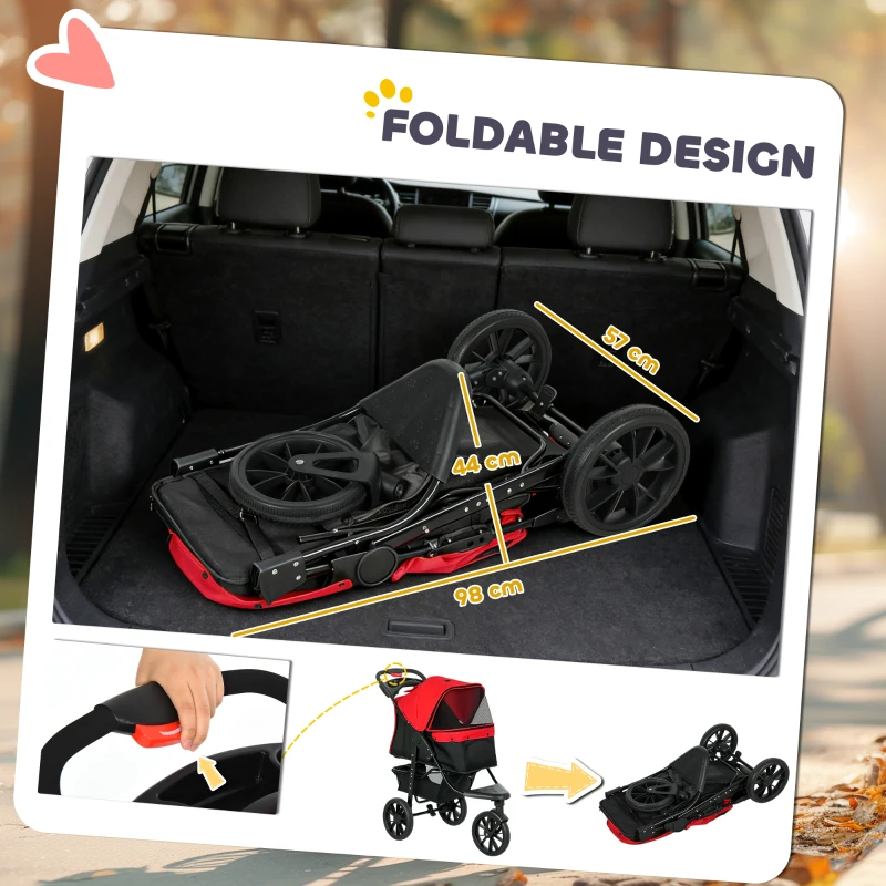 PawHut Dog Stroller Foldable Pet Pram for Small Miniature Breeds, Cats, 3 Wheels Dog Pushchair with Brake, Cupholder, Red