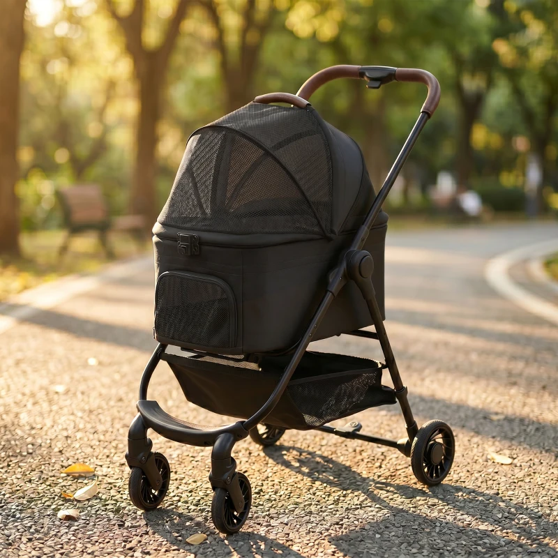 PawHut Dog Stroller, 3 in 1 Foldable Pet Stroller for Small Puppy Cat with Detachable Travel Carrier, Storage Basket, Black
