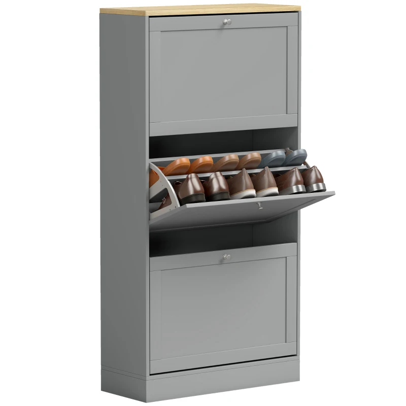 HOMCOM Meuble à chaussures 18 paires, armoire à chaussures avec 3 tiroirs rabattables, étagères réglables, 60x23,5x115cm, gris