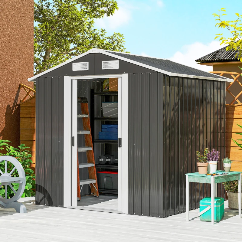 Outsunny Șopron de Grădină, 2 Uși Glisante Blocabile, Oțel Zincat, 2,6 m², Negru