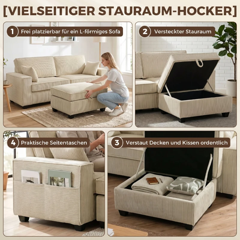 HOMCOM Ecksofa 216 cm 3-Sitzer L-Form Sofa mit Umkehrbarem Aufbwahrungshocker, Cord-Optik, Breiter Sitzfläche, für Wohnzimmer