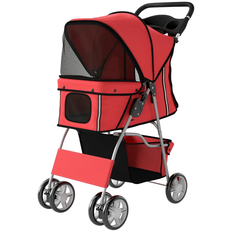 PawHut Dog Pram, Pet Stroller with Reflective Strips, Foldable Cat Stroller with 360° Swivel Wheels, Red