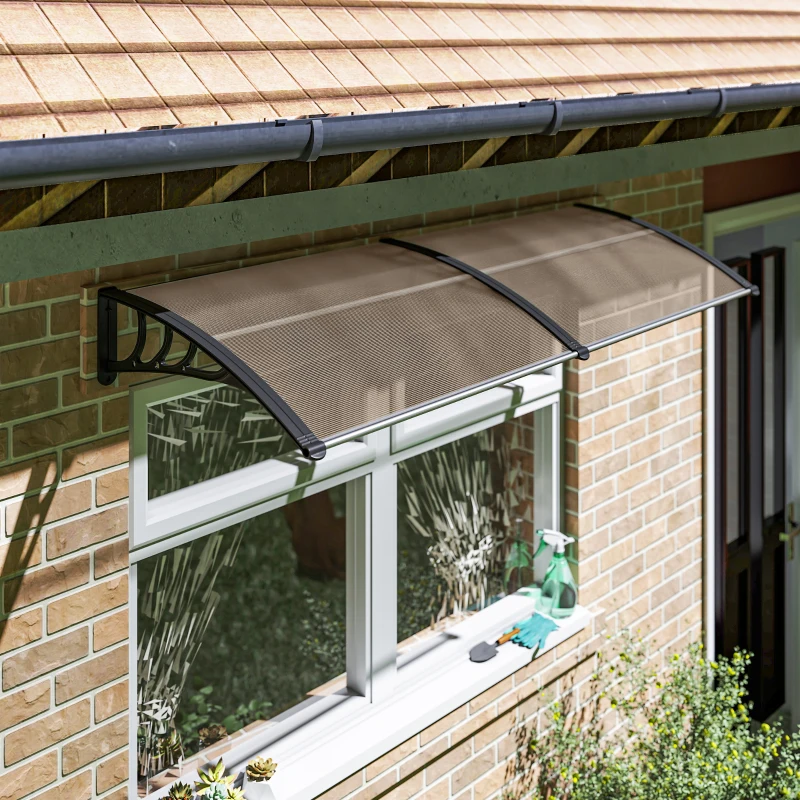 Outsunny Auvent de porte d'entrée, toit marquise de porte exterieur en polycarbonate et profil aluminium résistante toit abri protection contre la pluie et UV pour terrasse, balcon, 195x75cm, marron