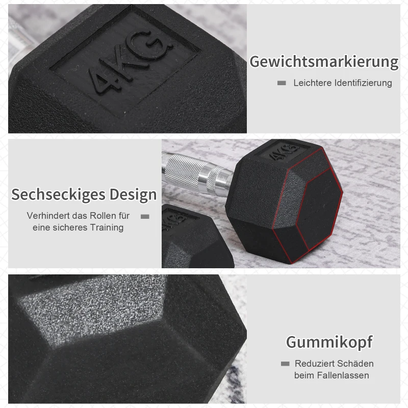 HOMCOM Hexagon Hanteln, 2er Set Hanteln mit gerändeltem Griff, Kurzhantelset aus Gusseisen, 2 x 4 kg, Kurzhanteln für Männer Frauen, Zuhause, Fitnessstudio, Krafttraining