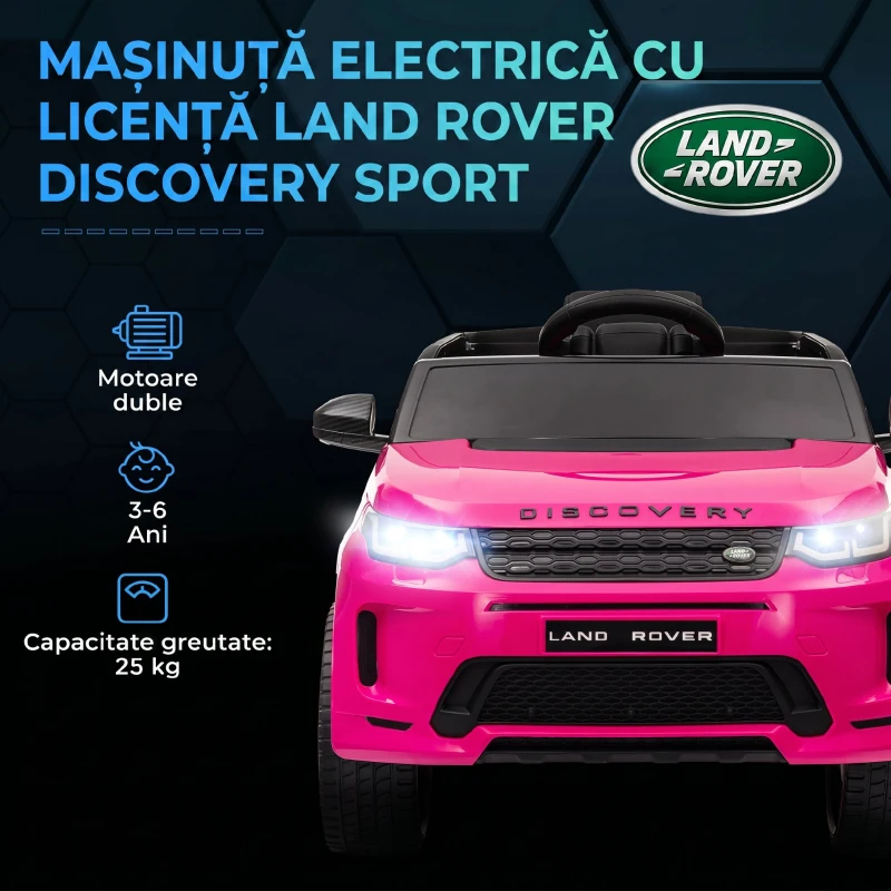 AIYAPLAY Mașină Electrică Copii cu Licență Land Rover Discovery, cu Faruri, Claxon și Centură, din Plastic și Metal, 106x65,5x51 cm, Roz