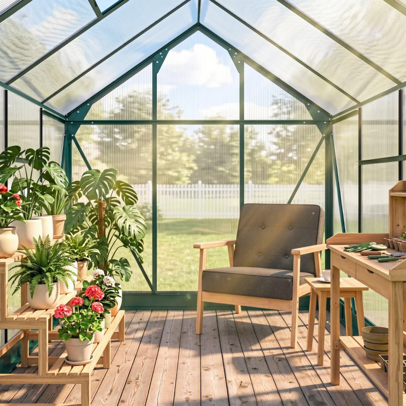 Outsunny kas met polycarbonaat behuizing en dakklep, 190x 252 x 201 cm(m-9)